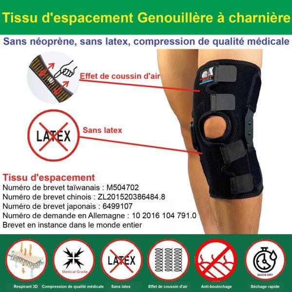 IRUFA, KN-OS-23 H2 Tissu d'espacement respirant 3D Genouillère à charnière Support Stabilisateur, ouverture de 12 pouces de hauteur - Image 7