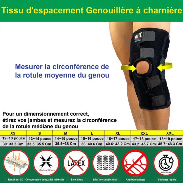 IRUFA, KN-OS-23 H2 Tissu d'espacement respirant 3D Genouillère à charnière Support Stabilisateur, ouverture de 12 pouces de hauteur - Image 8